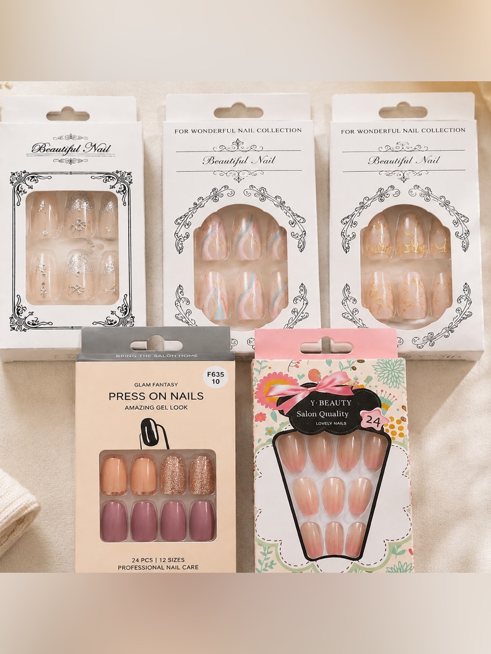 5pc Press On Nails Bundle Nude Pink Glitter French Nail Sets NEW